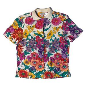 VTG Y2K Evan Picone Colorful Floral Button Up Collared Short Sleeve Tshirt - M